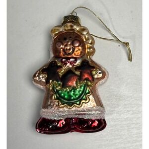 Christmas House Blown Glass Gingerbread Woman Ornament Red Glitter Shoes Festive